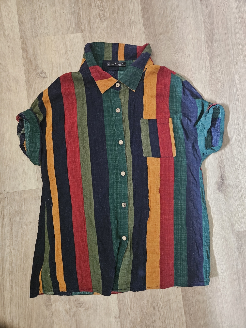 Emery Rose Striped Short-Sleeved Button-Up Shirt in Green, Navy, Red & Mustard